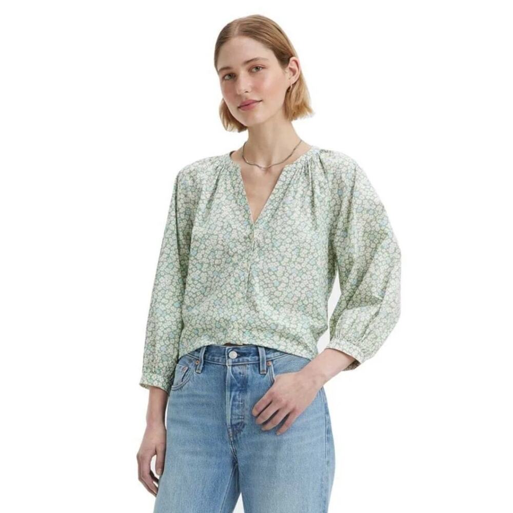 Levis Lainey Blouse Green White Blue Floral 100% Cotton Sz XXL Boho‎ Artist NWOT